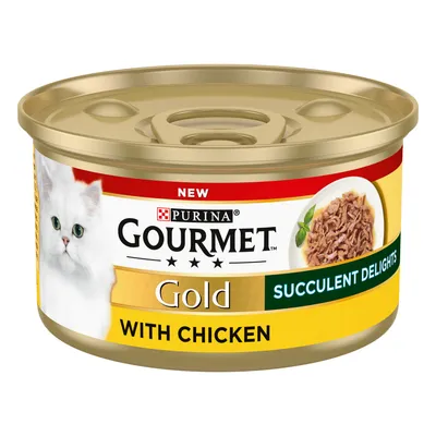 Tin labelled Gourmet Gold Succulent Delights with Chicken, showing shredded meat and key product features.