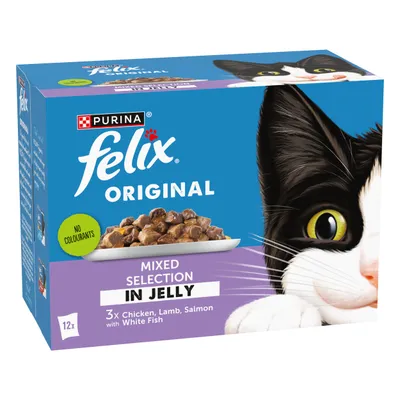 Felix Original Mixed Selection in Jelly, 12 packs. Includes chicken, lamb, salmon with white fish. No colourants. Product box shows food pieces in jelly.