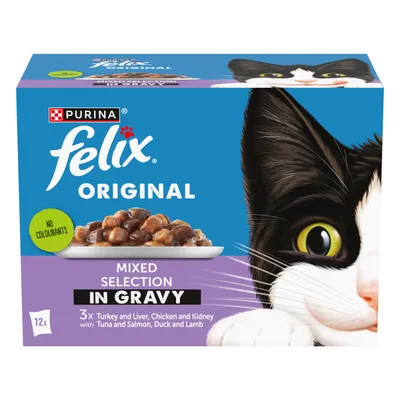 Felix Original mixed selection in gravy, 12 pack. Includes turkey and liver, chicken and kidney, tuna and salmon, duck and lamb. No colourants.