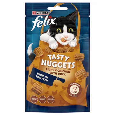 Tasty Nuggets treats, rich in chicken with duck, high in protein, on average less than 2 kcal per treat, contains proteins, vitamins and omega 6.