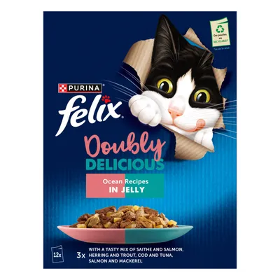 Felix Doubly Delicious Ocean Recipes in Jelly, with a mix of saithe and salmon, herring and trout, cod and tuna, salmon and mackerel. Contains 12 pouches.