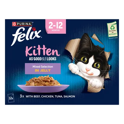 Kitten food mixed selection in jelly for 2-12 months, includes beef, chicken, tuna, salmon. Pack of 12 pouches. Pouches are recyclable.