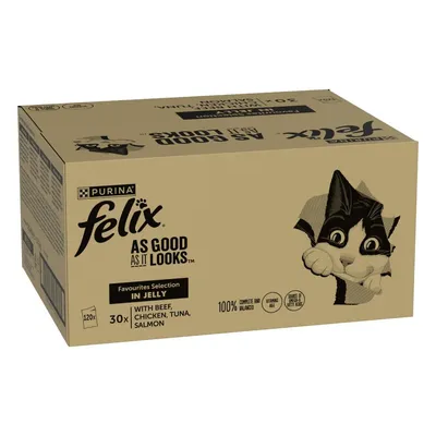 Box showing Felix As Good As It Looks Favourites Selection in Jelly, 30 packs with beef, chicken, tuna, salmon. Labelled 100% complete and balanced, contains vitamin A and D3.