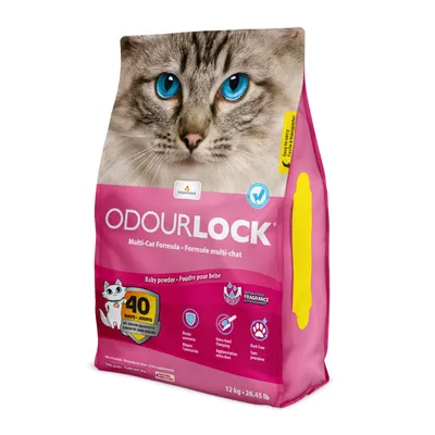 Sac de litière pour chats OdourLock, formule multi-chat, parfum poudre pour bébé, 12 kg. Texte visible : garantie sans odeur 40 jours, sans poussière, blocage ammoniaque, extra-dure.