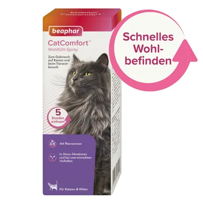 beaphar CatComfort Wohlfühl-Spray -pakkauksessa musta kissa, tekstiä saksaksi: 5 Stunden wirksam, Schnelles Wohlbefinden, Mit Pheromonen, Für Katzen & Kitten