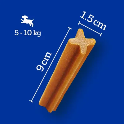 Žuvacia tyčinka pre psa, rozmery 9 cm x 1,5 cm, určené pre psy s hmotnosťou 5–10 kg (údaje zobrazené na obrázku).