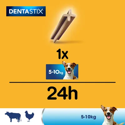 DENTASTIX. Instrucțiuni de hrănire: 1x pe zi pentru câini de 5–10 kg. Pictograme vacă și găină, imagine cu un câine și textul 5–10 kg.