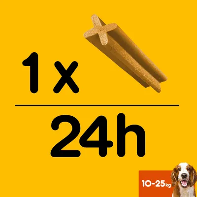 Indicação de dose: 1 unidade por 24 horas para cães de 10–25 kg. Imagem de snack em forma de cruz e cão no canto inferior direito.