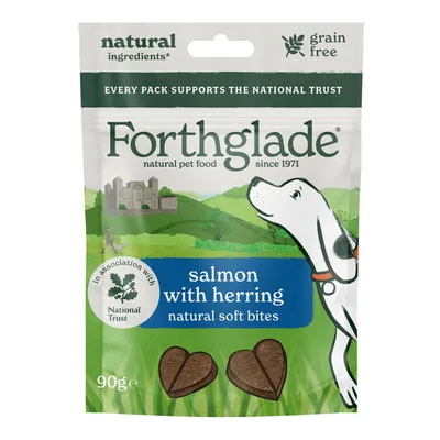 Forthglade salmon with herring natural soft bites, grain free, made with natural ingredients, 90g pack. Every pack supports the National Trust.