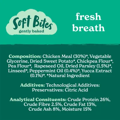 Soft Bites gently baked fresh breath. Ingredients: chicken meal 30%, sweet potato, chickpea flour, pea flour, parsley, linseed, peppermint oil, yucca extract. Protein 26%, fat 13%.