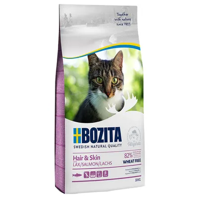 Bozita Hair & Skin корм для кошек с лососем, 82% животного белка, без пшеницы, 10 кг. Swedish Natural Quality. Together with nature since 1903.