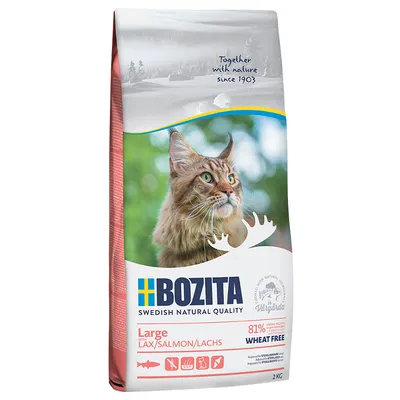 Bozita корм для кошек Large с лососем, 81% животного белка, без пшеницы, 2 кг. Swedish Natural Quality, произведено в Vårgårda, с 1903 года.