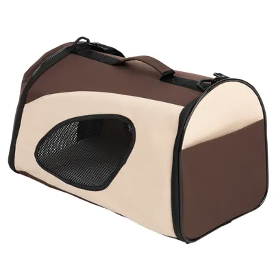 Sac de transport beige et marron avec poignée, parois en tissu et fenêtre latérale en maille noire pour aération. Aucun logo ou texte visible.