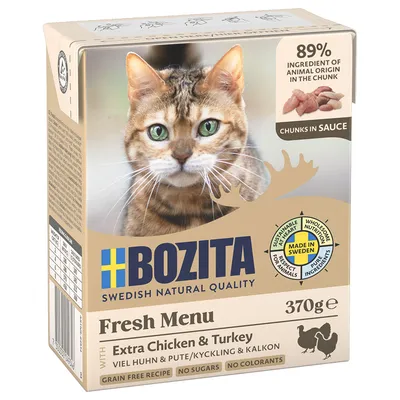 Bozita Fresh Menu com muita galinha e peru, 370g. 89% de ingredientes de origem animal em pedaços, Made in Sweden, sem cereais, sem açúcar, sem corantes.
