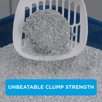 Kattenbakvulling op een schep, met zichtbare klontvorming. Tekst in beeld: UNBEATABLE CLUMP STRENGTH (Engels).