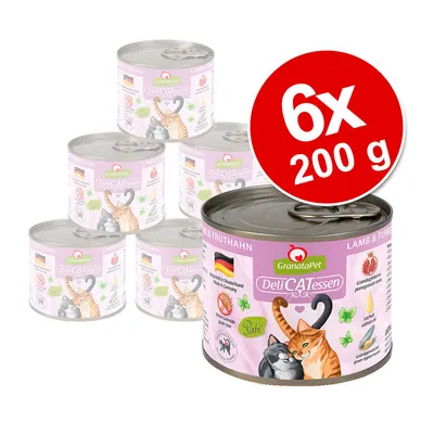 GranataPet DeliCATessen kattemad, 6x200 g dåser. Synlig tekst: Lamm & Truthahn, produceret i Deutschland, granatæblekerner, laksolie, grønmusling, uden korn.