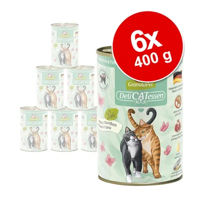 GranataPet DeliCATessen Paté Wild & Thunfisch, 6x400 g burkar kattmat. Synliga symboler: spannmålsfri, granatäpple, laxolja, grönläppad mussla. Tysk flagga och testvinnarsymbol.