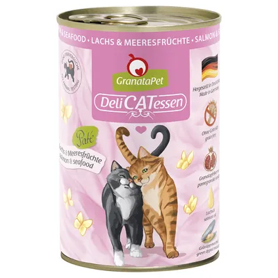 GranataPet DeliCATessen lohi ja merenelävät, paté. Valmistettu Saksassa, viljaton, granaattiomenansiemenet, lohiöljy, viherhuulisimpukka. Ei eläinkokeita.