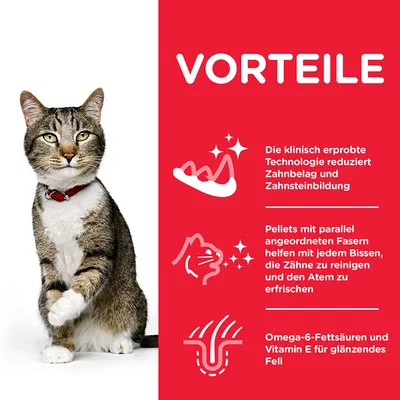 Texte en allemand : avantages, technologie cliniquement testée réduit la plaque dentaire, fibres nettoient les dents et rafraîchissent l’haleine, oméga-6 et vitamine E pour pelage brillant.