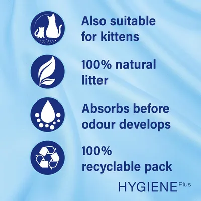 Also suitable for kittens, 100% natural litter, Absorbs before odour develops, 100% recyclable pack, HYGIENE Plus. A szöveg angol nyelvű.