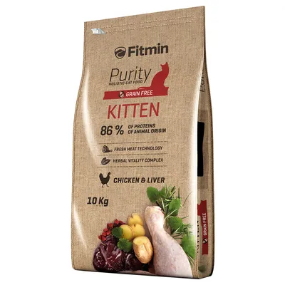 Fitmin Purity Holistic храна за котенца, без зърно, 86% животински протеини, Fresh Meat Technology, Herbal Vitality Complex, пиле и черен дроб, 10 кг.