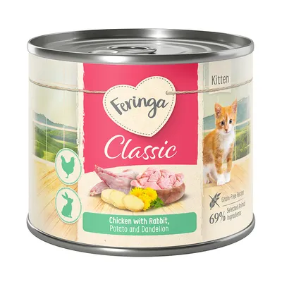 Feringa Classic Kitten, Chicken with Rabbit, Potato and Dandelion. Getreidefreie Rezeptur, 69% ausgewählte tierische Zutaten.