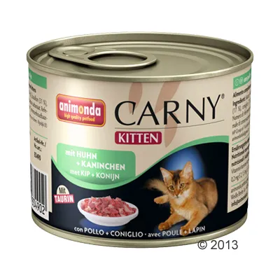 Blik Animonda Carny Kitten natvoer, met kip en konijn. Tekst: 'mit Huhn + Kaninchen', 'met Kip + Konijn', 'mit Taurin'. Afbeelding van kitten en vlees in een schaaltje.