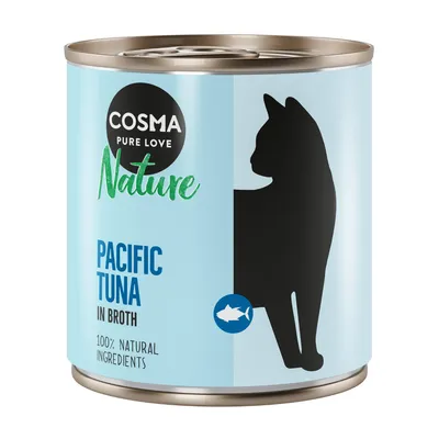 Cosma Nature Pacific Tuna in Broth, 100% natuurlijke ingrediënten. Katten-silhouet op lichtblauw blik.