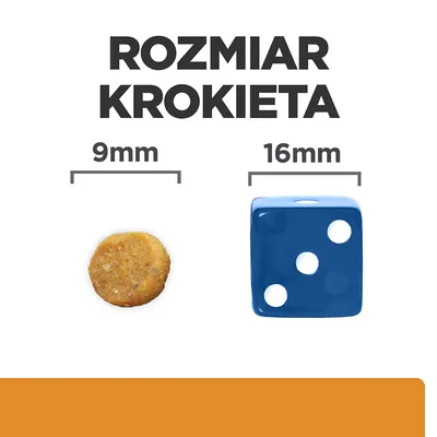Rozmiar krokieta: średnica 9 mm, porównanie z kostką do gry o boku 16 mm. Widoczne napisy: 'ROZMIAR KROKIETA', '9 mm', '16 mm'.