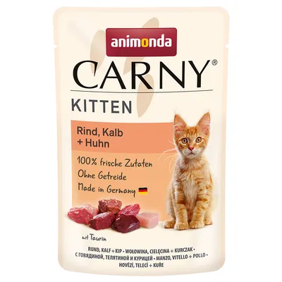 Animonda Carny Kitten, говеждо, телешко и пиле. 100% пресни съставки, без зърнени храни, произведено в Германия с таурин.