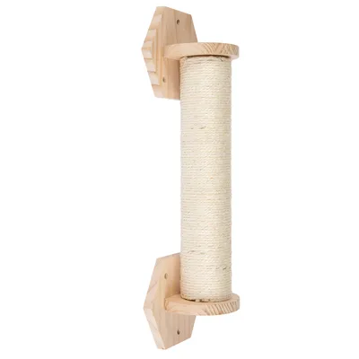Rascador de madera envuelto en sisal, apto para montaje en pared.