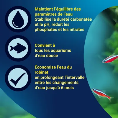 Maintient des paramètres de l'eau stables, convient à tous les aquariums d'eau douce, permet d'économiser l'eau du robinet en prolongeant l'intervalle de changement d'eau jusqu'à 6 mois. Maintient des paramètres de l'eau stables, convient à tous les aquariums d'eau douce, permet d'économiser l'eau du robinet en prolongeant l'intervalle de changement d'eau jusqu'à 6 mois.