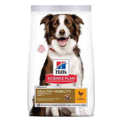Hill's Science Plan Healthy Mobility Adult Medium 11-25kg cu pui. Susține sănătatea articulațiilor pentru o viață activă. Fără conservanți, coloranți sau arome artificiale.