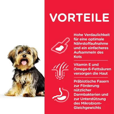 Saksankielinen teksti: VORTEILE. Hohe Verdaulichkeit für eine optimale Nährstoffaufnahme und ein einfacheres Aufsammeln des Kots. Vitamin E und Omega-6-Fettsäuren versorgen die Haut. Präbiotische Fasern zur Förderung nützlicher Darmbakterien und zur Unterstützung des Mikrobiom-Gleichgewichts.