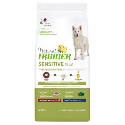 Natural Trainer Sensitive Plus dla psów, 12 kg, bez barwników, konserwantów i cukrów, składniki: konina, ryż, olej z baobabu, dla dorosłych psów średnich i dużych ras powyżej 12 miesięcy.