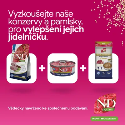 N&D Quinoa Weight Management granule, vlhké krmivo a krém. Pro vylepšení jídelníčku. Vědecky vyvinuto pro společné krmení. N&D Quinoa Weight Management granule, vlhké krmivo a krém. Pro vylepšení jídelníčku. Vědecky vyvinuto pro společné krmení.