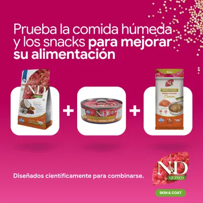 N&D Quinoa Skin & Coat pienso, comida húmeda y snacks. Para una nutrición mejorada, desarrollado científicamente para combinarse. N&D Quinoa Skin & Coat pienso, comida húmeda y snacks. Para una nutrición mejorada, desarrollado científicamente para combinarse.
