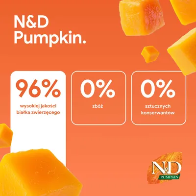 N&D Pumpkin. 96% wysokiej jakości białka zwierzęcego, 0% zboż, 0% sztucznych konserwantów. N&D Pumpkin. 96% wysokiej jakości białka zwierzęcego, 0% zboż, 0% sztucznych konserwantów.