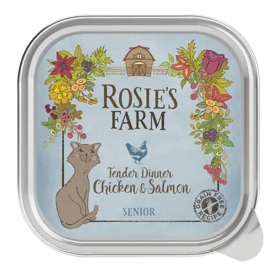 Rosie's Farm Tender Dinner Chicken & Salmon Senior. Grain-free recipe, packaging with floral design and cat.