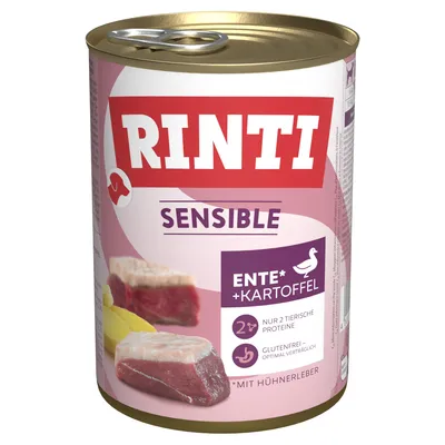 Rinti Sensible Nassfutter, Ente und Kartoffel, mit Hühnerleber. Nur 2 tierische Proteine, glutenfrei, optimal verträglich.