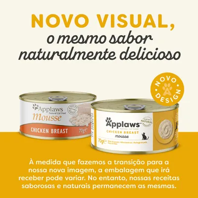 Novo visual, o mesmo sabor naturalmente delicioso. Applaws Mousse Chicken Breast 70 g. Novo design. Embalagem pode variar durante a transição para nova imagem.