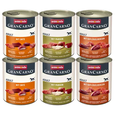 Animonda GranCarno Adult nedves eledel, változatok: kacsával, bendővel, baromfiszívvel. 100% friss összetevők, gabona- és gluténmentes, Made in Germany.