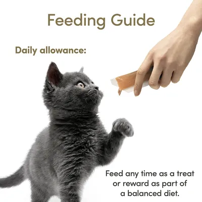 Feeding Guide, Daily allowance: Feed any time as a treat or reward as part of a balanced diet. Текст на английском языке, изображение котёнка и руки с кормом в тюбике.
