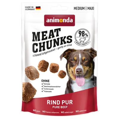 animonda MEAT CHUNKS, 98 % mono-protein, RIND PUR PURE BEEF, bez obilovin, zvýrazňovačů chuti, cukru a sóji. Pro střední a velké psy. Vyrobeno v Německu. Na obalu pes a kousky masa.