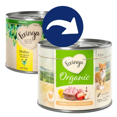 Feringa Organic Kitten, Chicken with Apple and Dandelion. Getreidefreie Rezeptur, 72% ausgewählte tierische Zutaten.