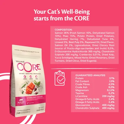 Image shows Wellness CORE Sterilised Ocean cat food with composition and guaranteed analysis, including salmon 26%, peas 15%, protein 37%, fat 13%, fibre 4.5%, and key additives.
