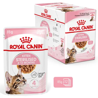 Royal Canin Kitten Sterilised 6-12 Months, 12 x 85g pouches, tender pieces in gravy, suitable for milk teeth, Stage 4. Royal Canin Kitten Sterilised 6-12 Months, 12 x 85g pouches, tender pieces in gravy, suitable for milk teeth, Stage 4.
