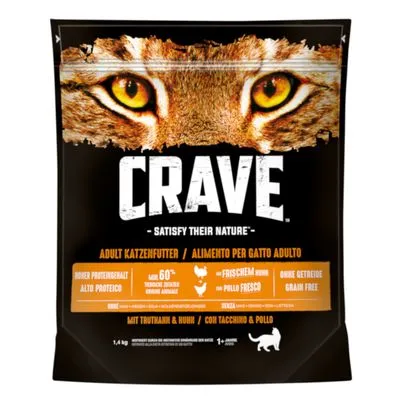 CRAVE Adult kattenvoer, met kalkoen & kip, hoog eiwitgehalte, meer dan 60% dierlijke ingrediënten, met vers kippenvlees, graanvrij. Gewicht: 1,4 kg.