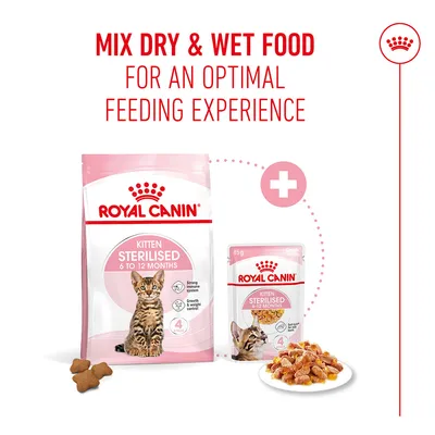 Royal Canin Kitten Sterilised 6 to 12 Months Dry and Wet Food. Note: Mix dry and wet food for an optimal feeding experience.