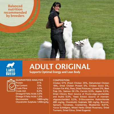 Large breed adult original food. Balanced nutrition recommended by breeders. Guaranteed analysis: protein 31%, fat 13%, fibre 3.5%, ash 6%. Main ingredient: chicken 57%.